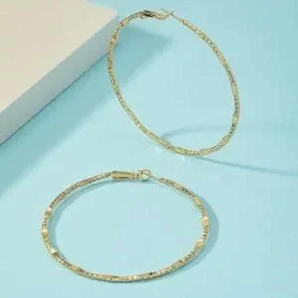 Gold Tone Textured Hoop Earrings 2 Classic Statement Hoop Earrings Dainty - Picture 2 of 3